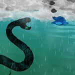 An image from a video game called "Thunderbird Strike, depicting a stylized water snake preparing to attack the thunderbird protagonist